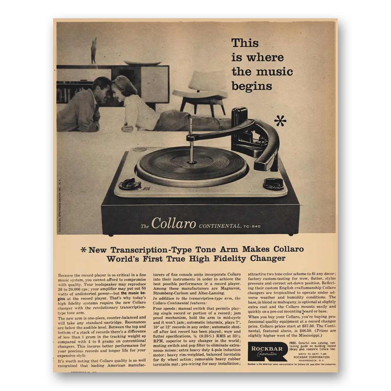 1957 Collaro Continental Transcription Type Tone Arm Vintage Magazine Print Ad