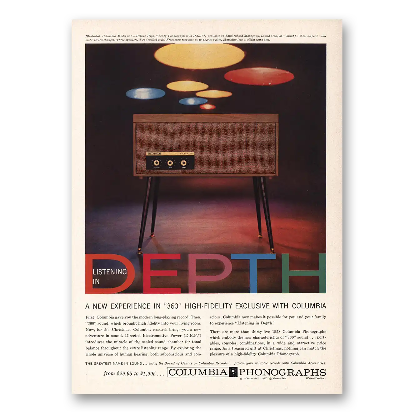 1957 Columbia Phonographs Listening In Depth Vintage Magazine Print Ad