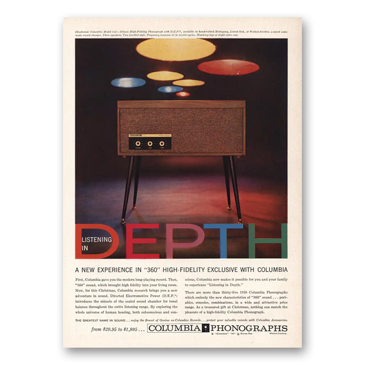 1957 Columbia Phonographs Listening In Depth Vintage Magazine Print Ad