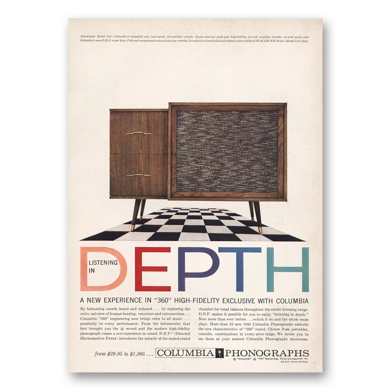 1957 Columbia Phonographs Listening In Depth Vintage Magazine Print Ad