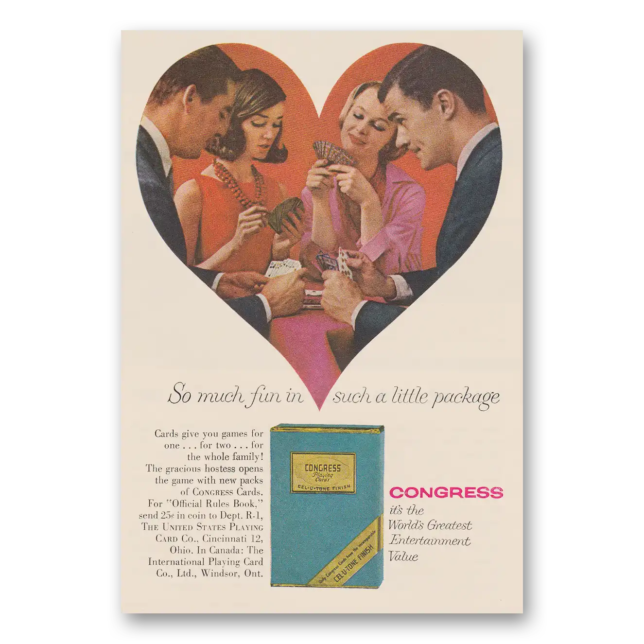 1957 Congress Playing Cards So Much Fun In Such a Little Package Vintage Magazine Print Ad