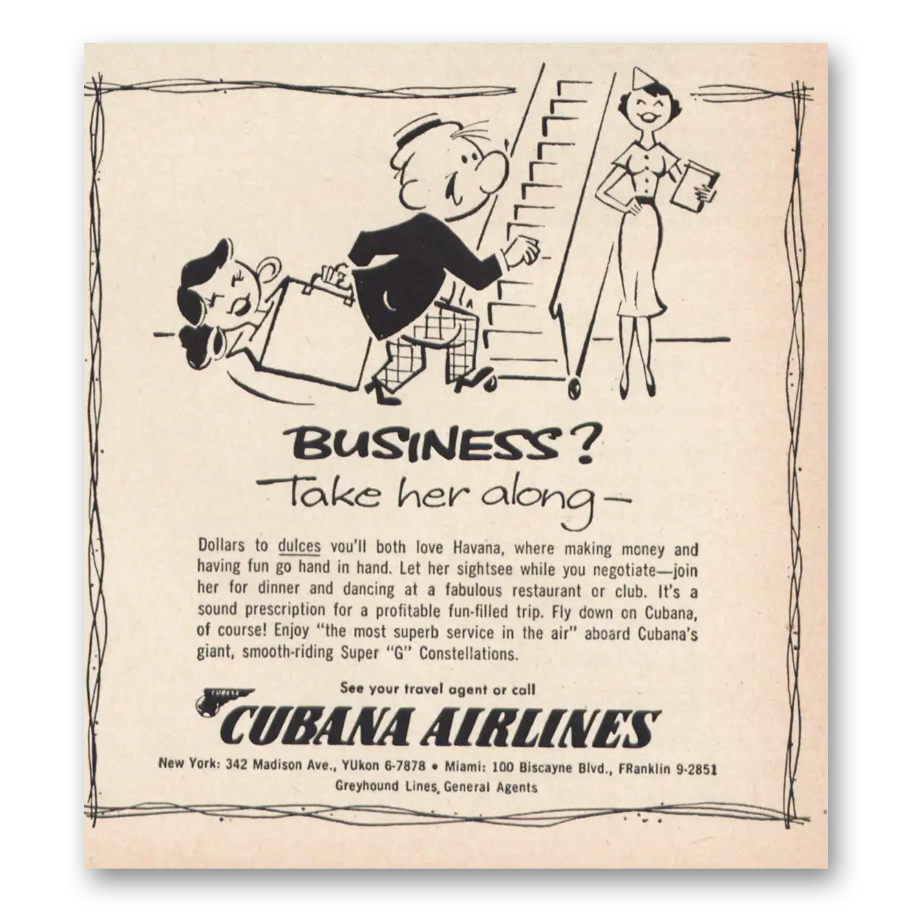 1957 Cubana Airlines Business Take Her Along Vintage Magazine Print Ad