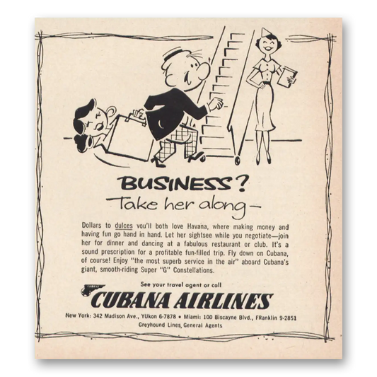 1957 Cubana Airlines Business Take Her Along Vintage Magazine Print Ad