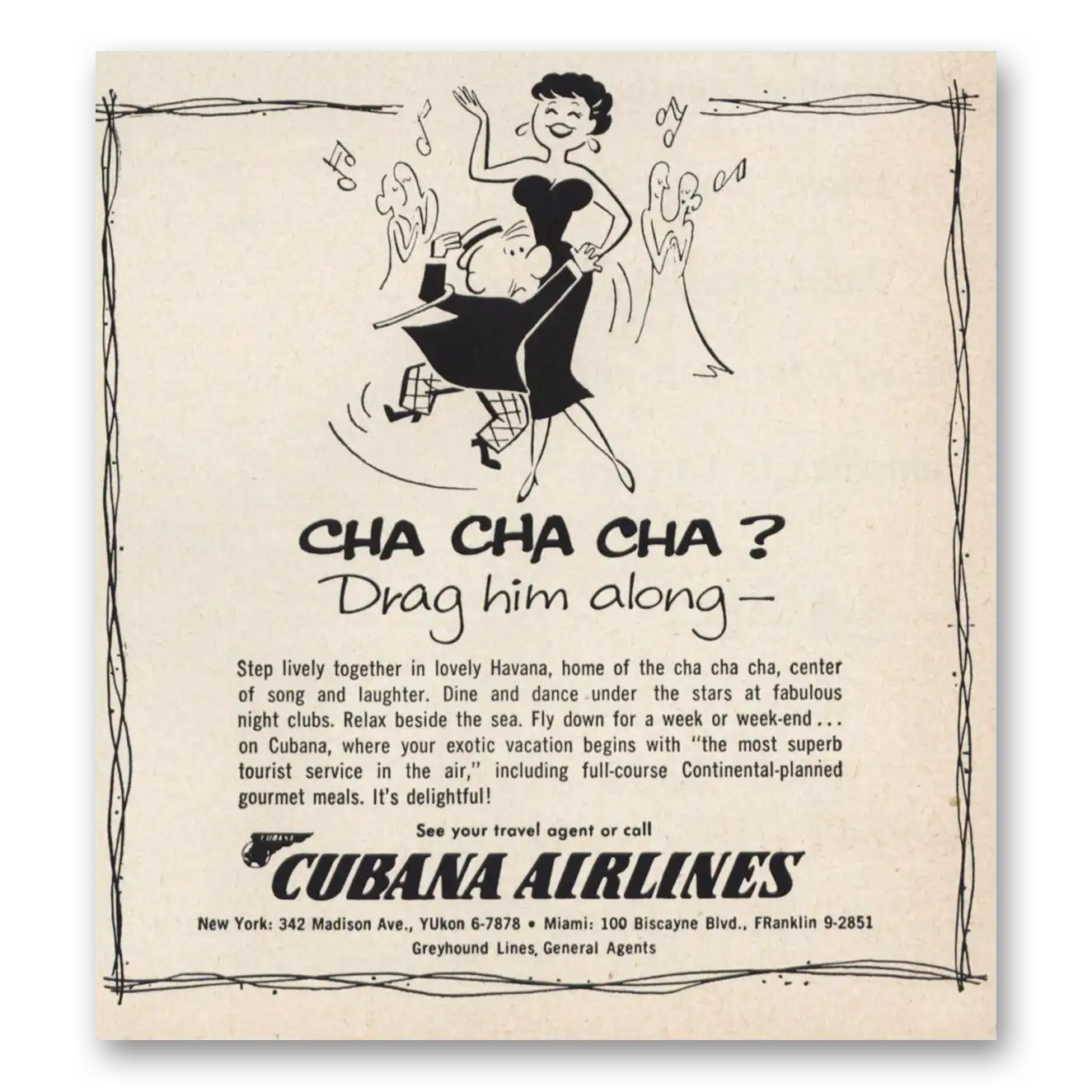 1957 Cubana Airlines Cha Cha Cha Drag Him Along Vintage Magazine Print Ad