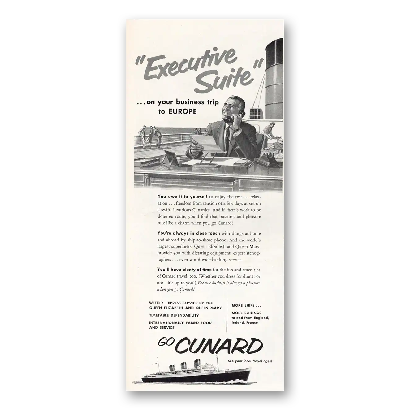 1957 Cunard Executive Suite Vintage Magazine Print Ad