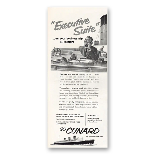 1957 Cunard Executive Suite Vintage Magazine Print Ad