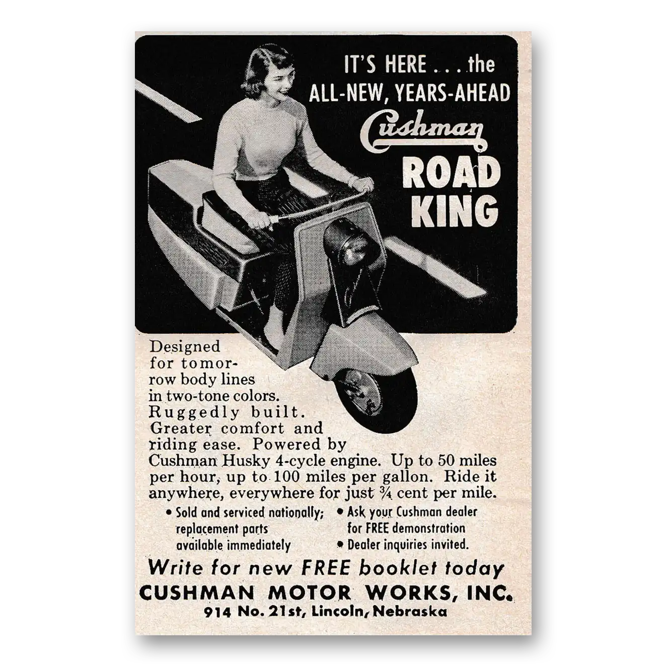 1957 Cushman Road King Years Ahead Designed for Tomorrow Vintage Magazine Print Ad