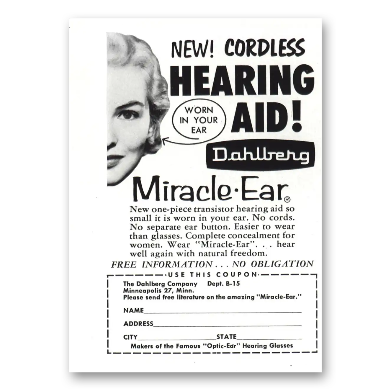 1957 Dahlberg Hearing Aid Cordless Miracle Ear Vintage Magazine Print Ad