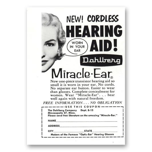 1957 Dahlberg Hearing Aid Cordless Miracle Ear Vintage Magazine Print Ad