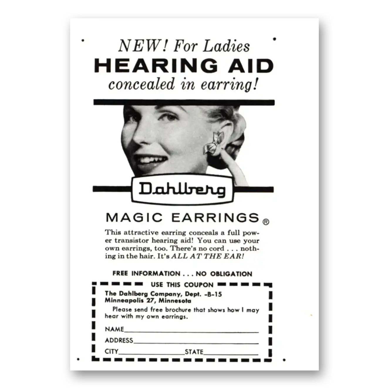 1958 Dahlberg Hearing Aid Concealed in Earrings Vintage Magazine Print Ad