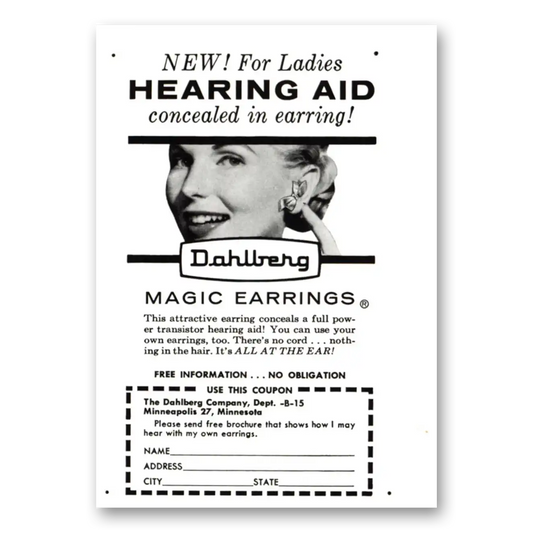 1958 Dahlberg Hearing Aid Concealed in Earrings Vintage Magazine Print Ad