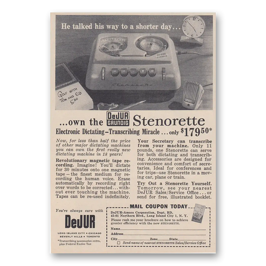 1957 DeJur Grundig Stenorette He Talked His Way to a Shorter Day Vintage Magazine Print Ad