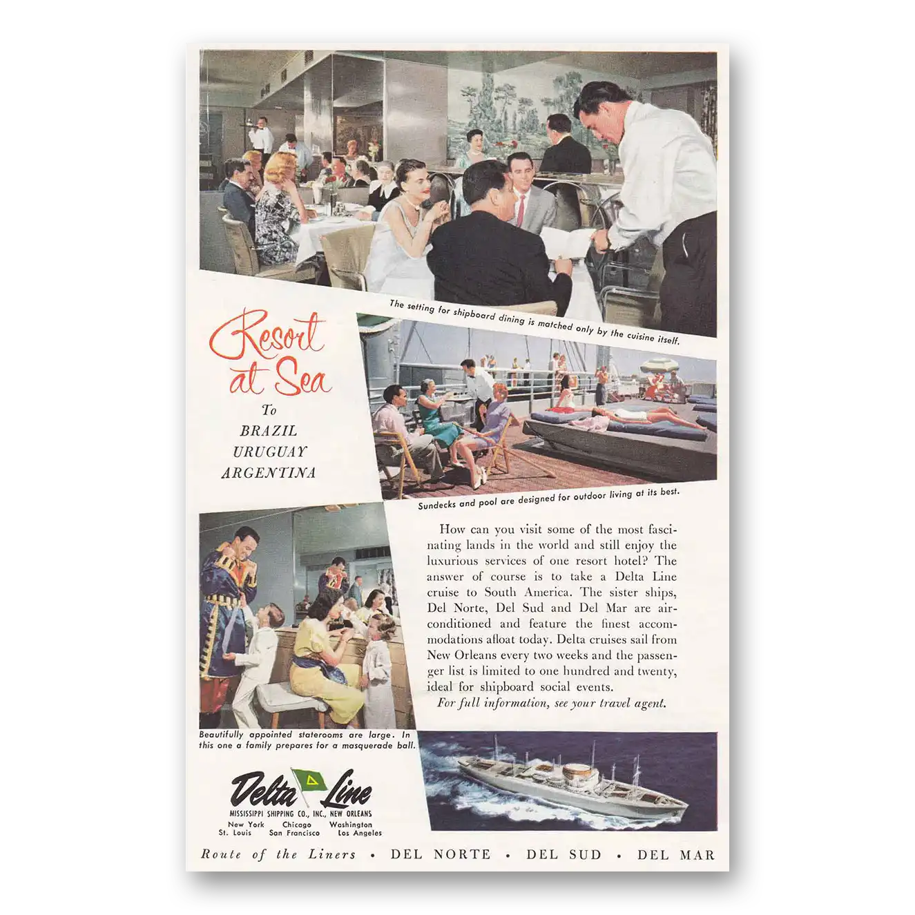 1957 Delta Line Resort at Sea to Brazil Uruguay Argentina Vintage Magazine Print Ad