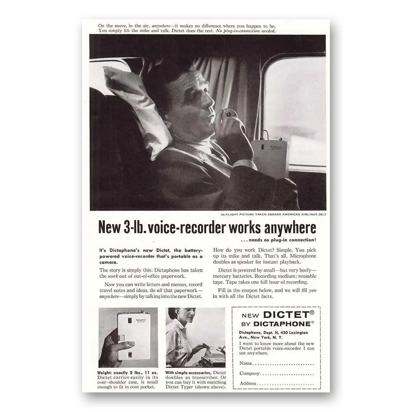 1957 Dictaphone Dictet Dictaphone 3 lb Voice Recorder Vintage Magazine Print Ad