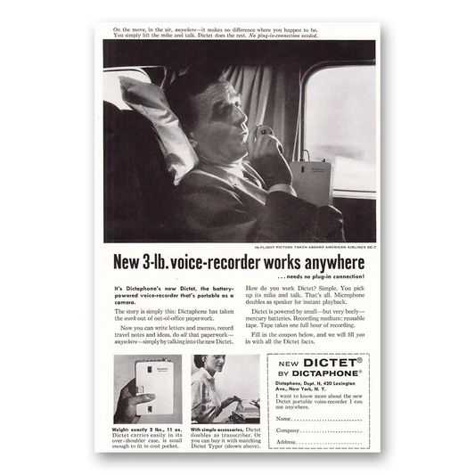 1957 Dictaphone Dictet Dictaphone 3 lb Voice Recorder Vintage Magazine Print Ad