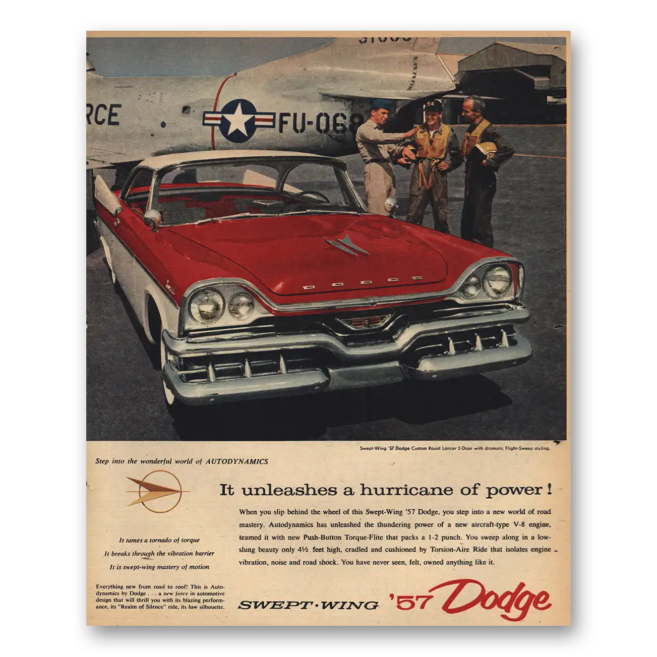 1957 Dodge Unleashes Hurricane of Power Vintage Magazine Print Ad