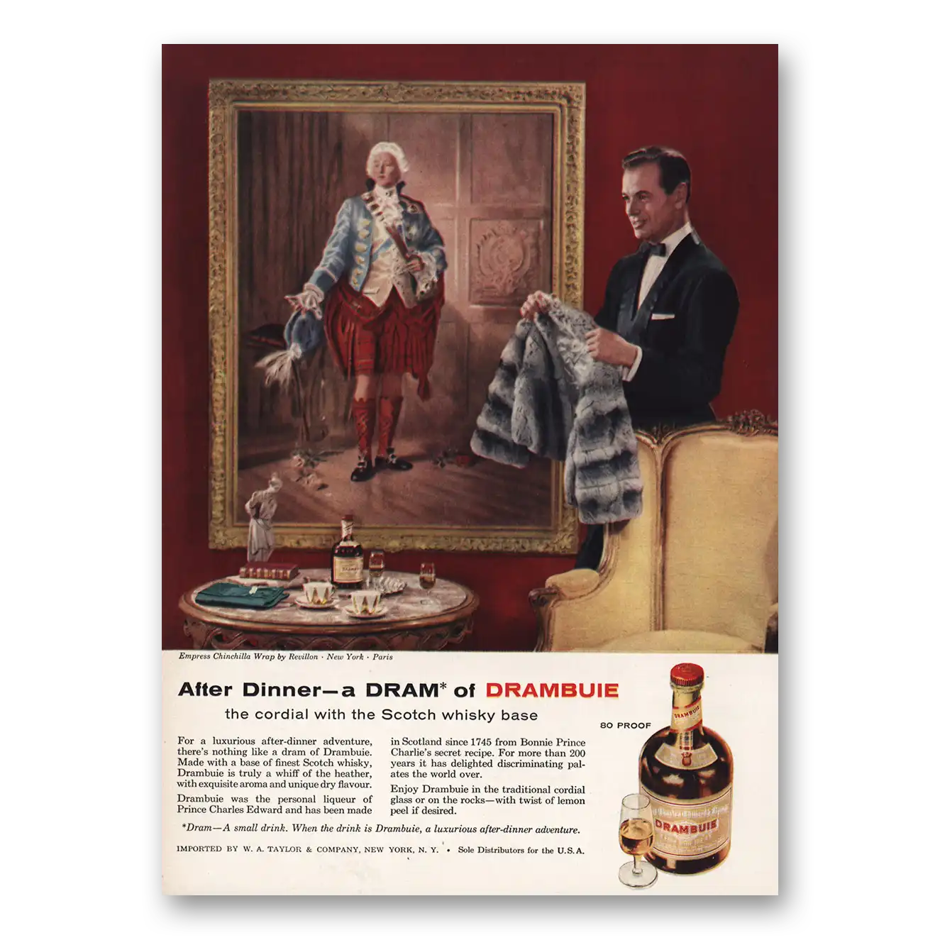 1957 Drambuie After Dinner Empress Chincilla Wrap Vintage Magazine Print Ad