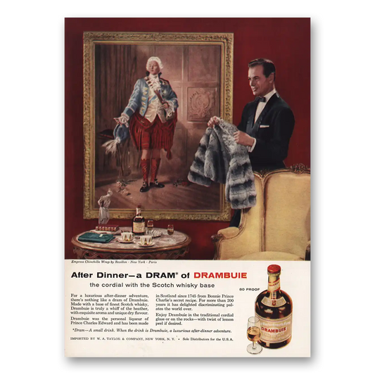 1957 Drambuie After Dinner Empress Chincilla Wrap Vintage Magazine Print Ad