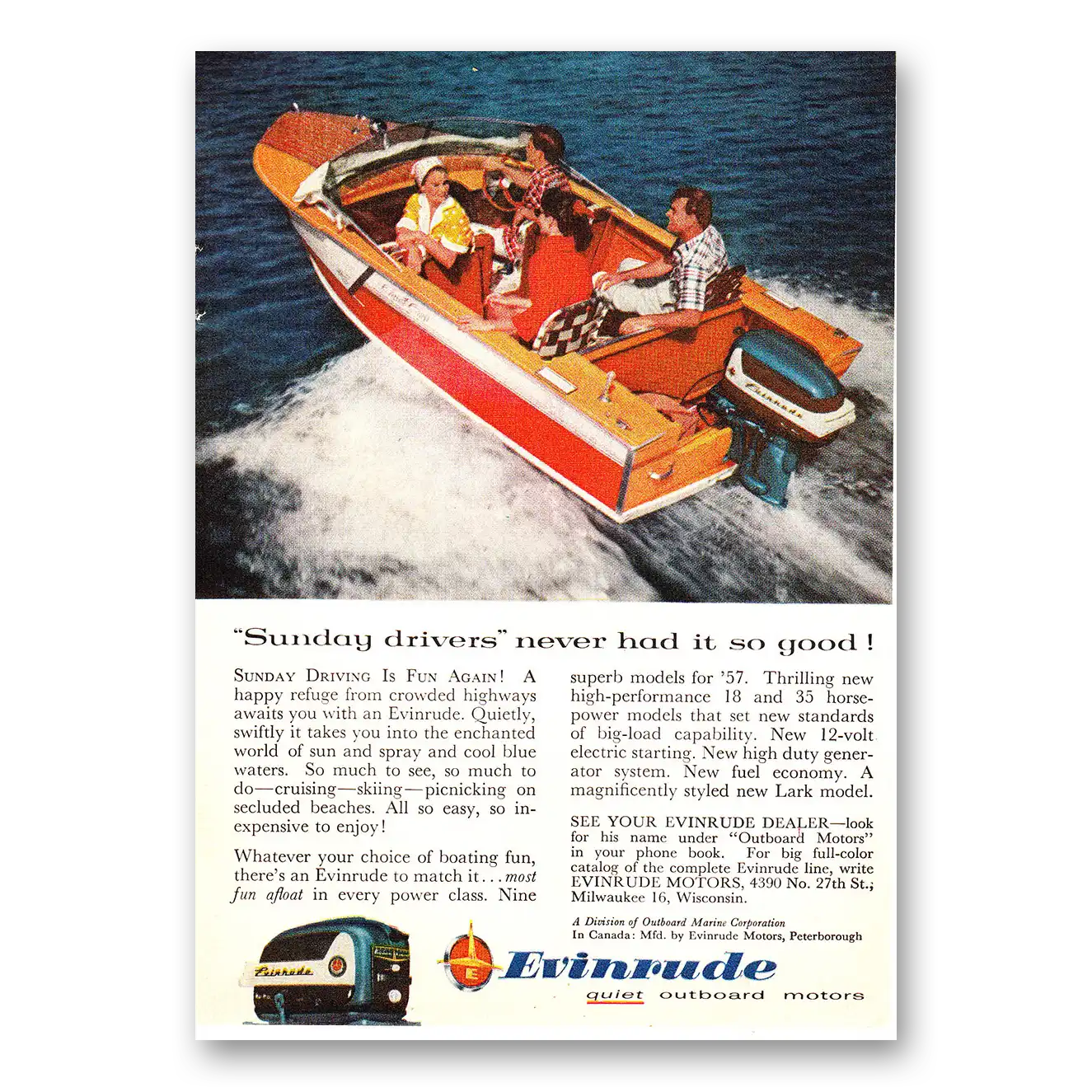 1957 Evinrude Sunday Drivers Never Had It So Good Vintage Magazine Print Ad