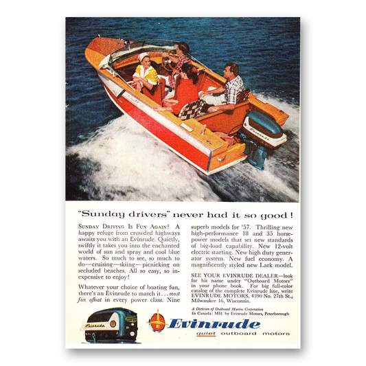 1957 Evinrude Sunday Drivers Never Had It So Good Vintage Magazine Print Ad