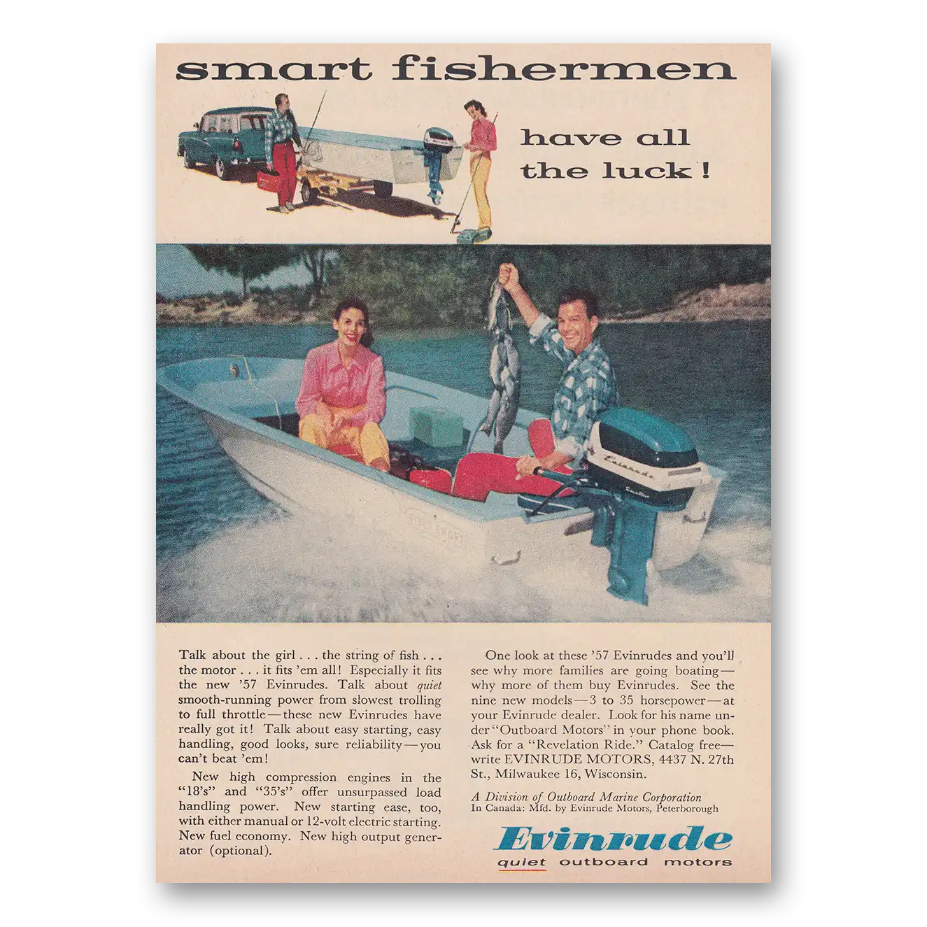 1957 Evinrude Smart Fishermen Have All the Luck Vintage Magazine Print Ad