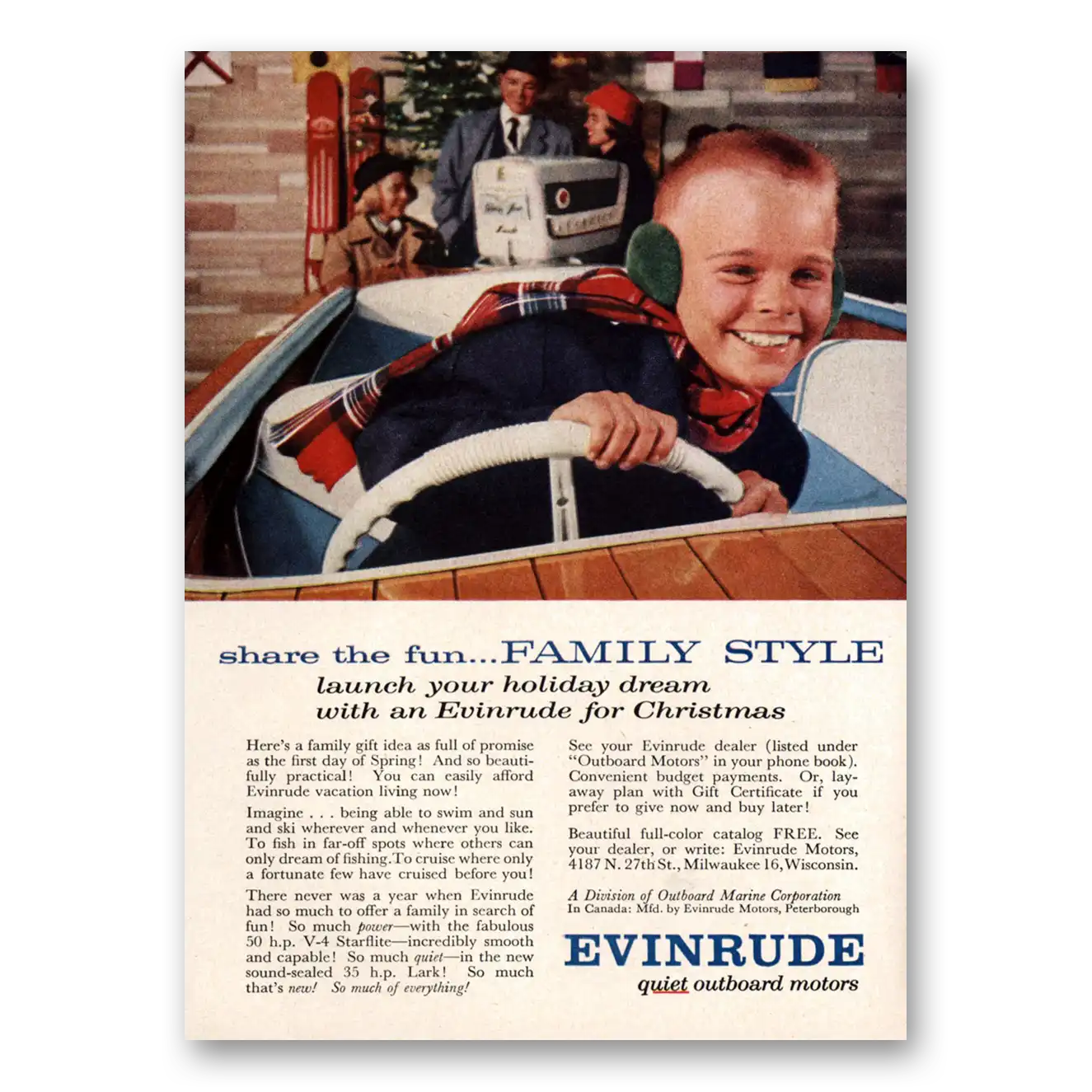 1957 Evinrude Share the Fun Family Style Christmas Vintage Magazine Print Ad