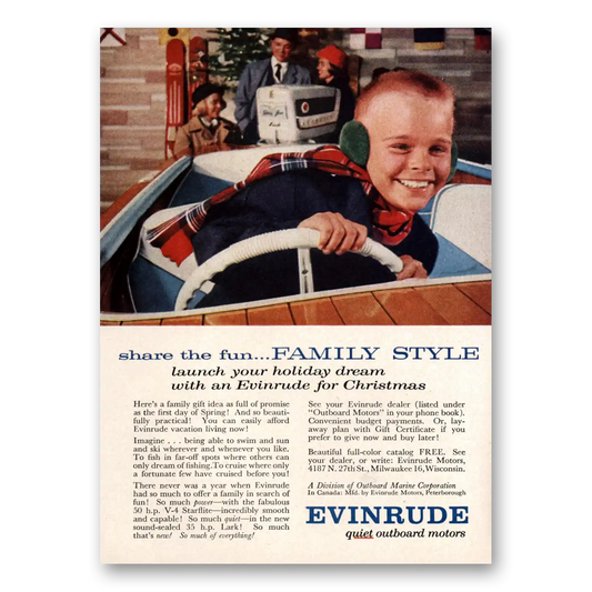 1957 Evinrude Share the Fun Family Style Christmas Vintage Magazine Print Ad