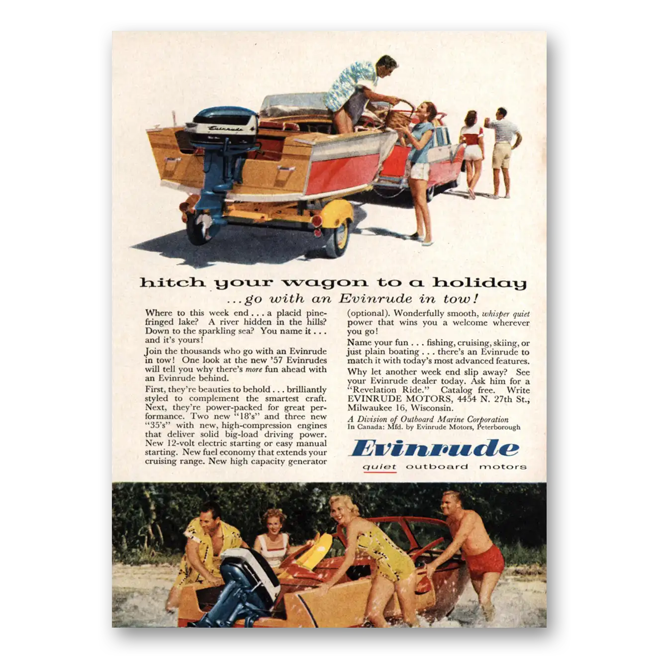 1957 Evinrude Hitch Your Wagon to a Holiday Vintage Magazine Print Ad