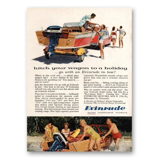 1957 Evinrude Hitch Your Wagon to a Holiday Vintage Magazine Print Ad