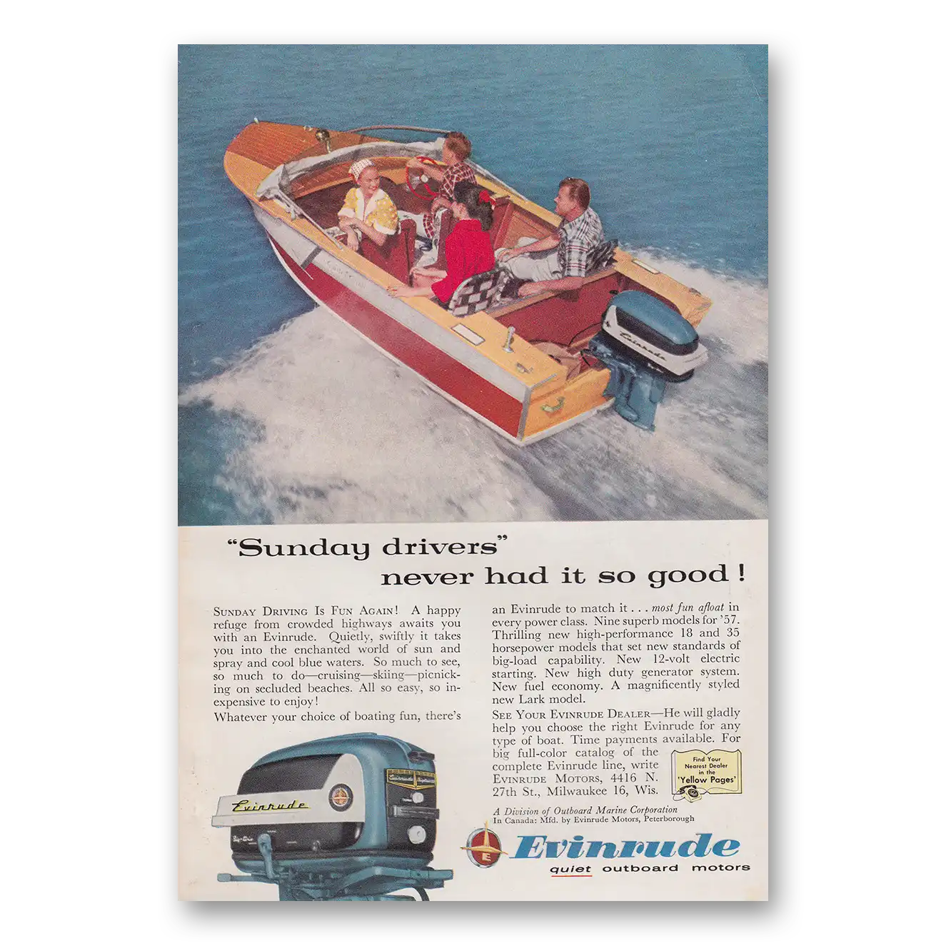 1957 Evinrude Sunday Drivers Never Had It So Good Vintage Magazine Print Ad