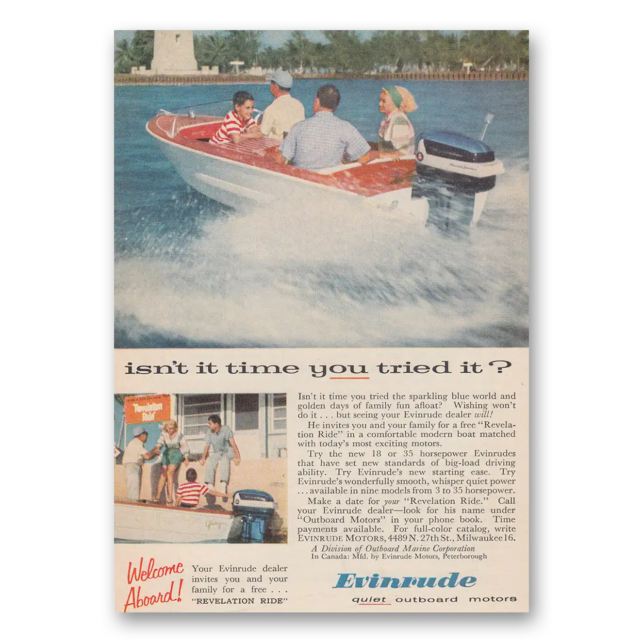 1957 Evinrude Isn't It Time You Tried It Vintage Magazine Print Ad