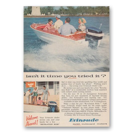 1957 Evinrude Isn't It Time You Tried It Vintage Magazine Print Ad