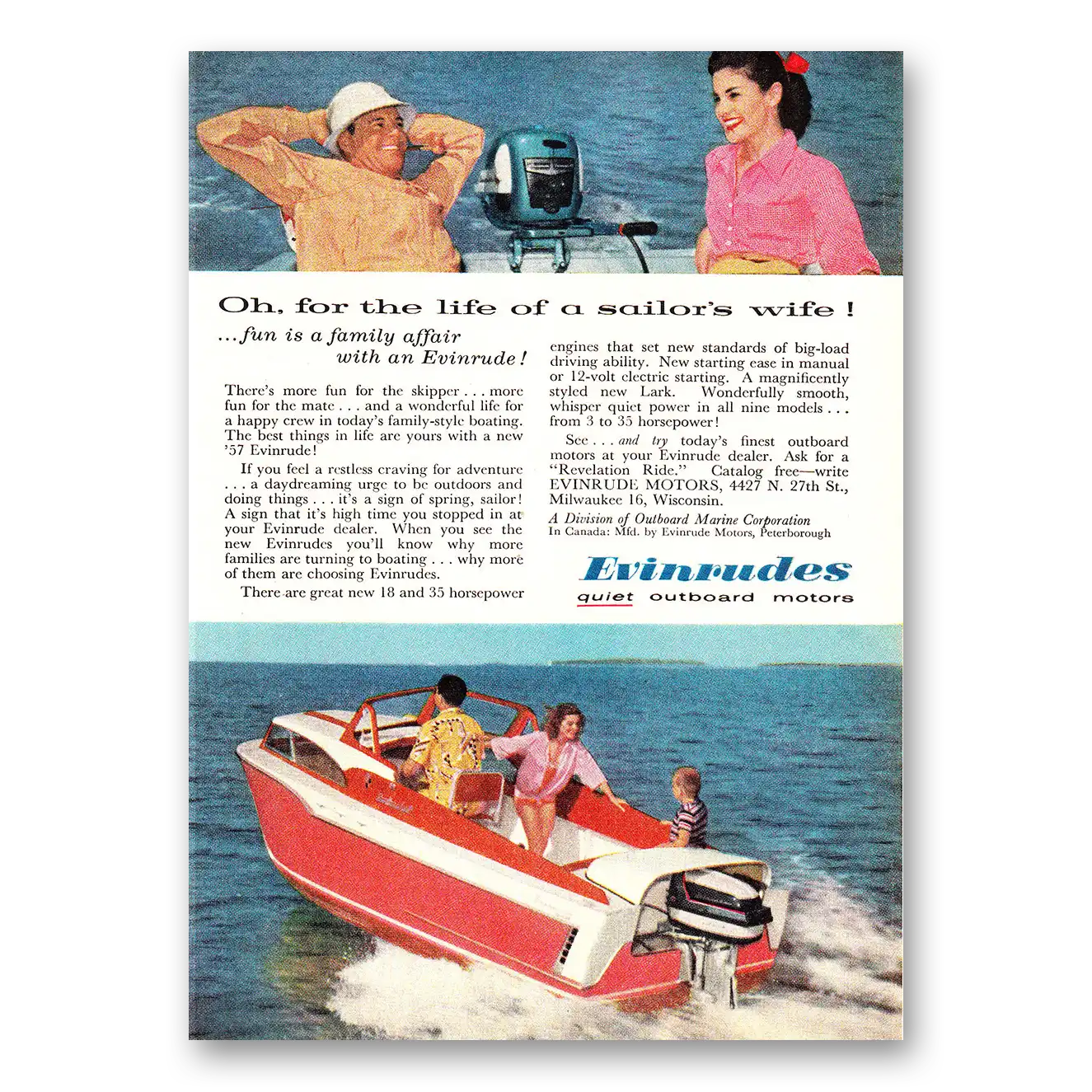 1957 Evinrude Oh for the Life of Sailors Wife Vintage Magazine Print Ad