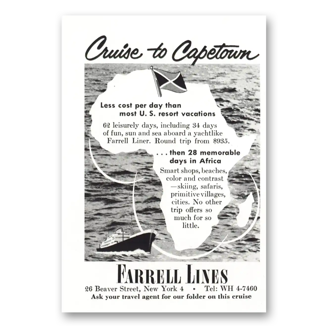 1957 Farrell Lines Cruise to Capetown Vintage Magazine Print Ad