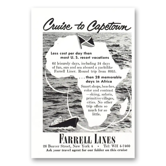 1957 Farrell Lines Cruise to Capetown Vintage Magazine Print Ad