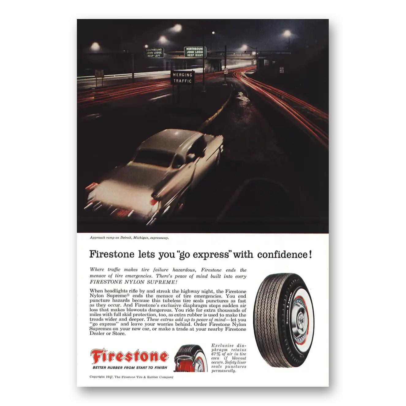 1957 Firestone Tires Detroit Michigan Expressway Vintage Magazine Print Ad