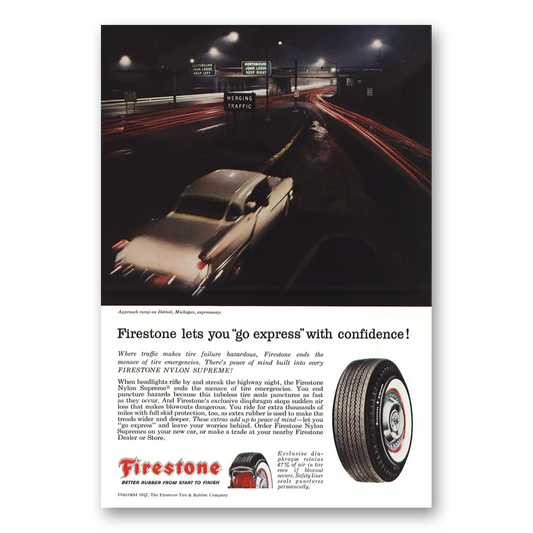 1957 Firestone Tires Detroit Michigan Expressway Vintage Magazine Print Ad