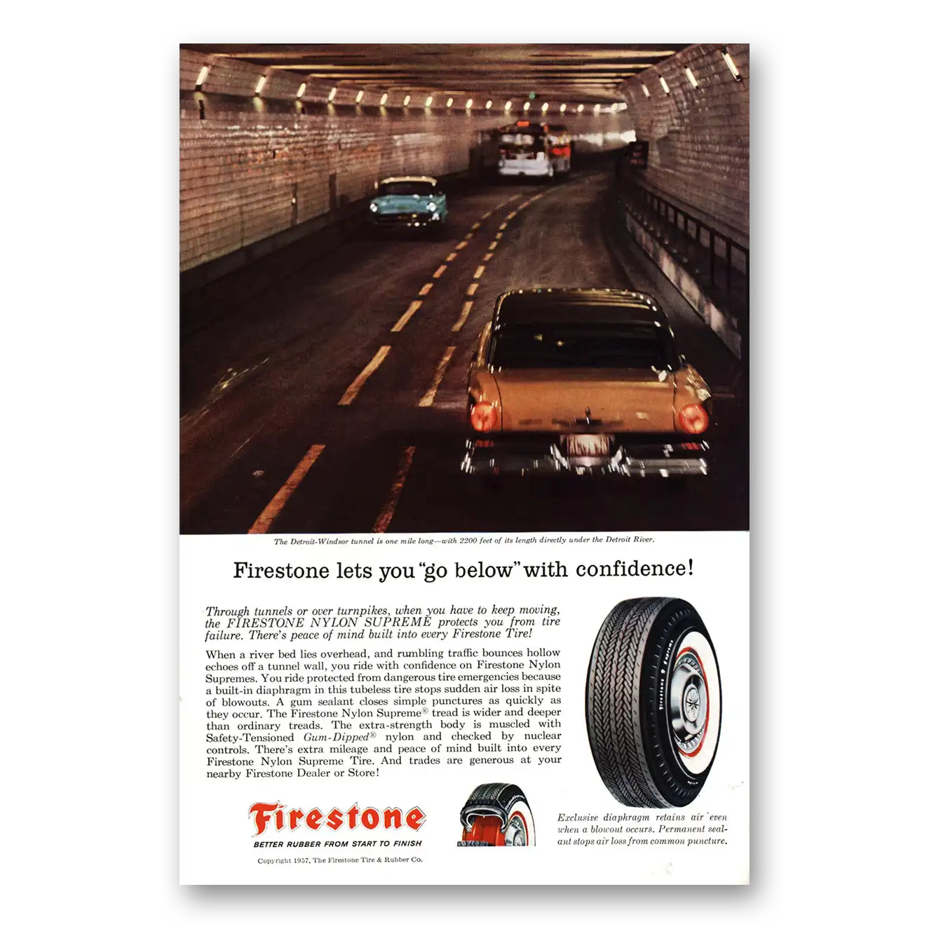 1957 Firestone Tires Detroit Windsor Tunnel Vintage Magazine Print Ad