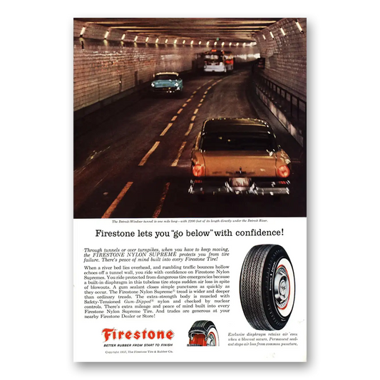 1957 Firestone Tires Detroit Windsor Tunnel Vintage Magazine Print Ad