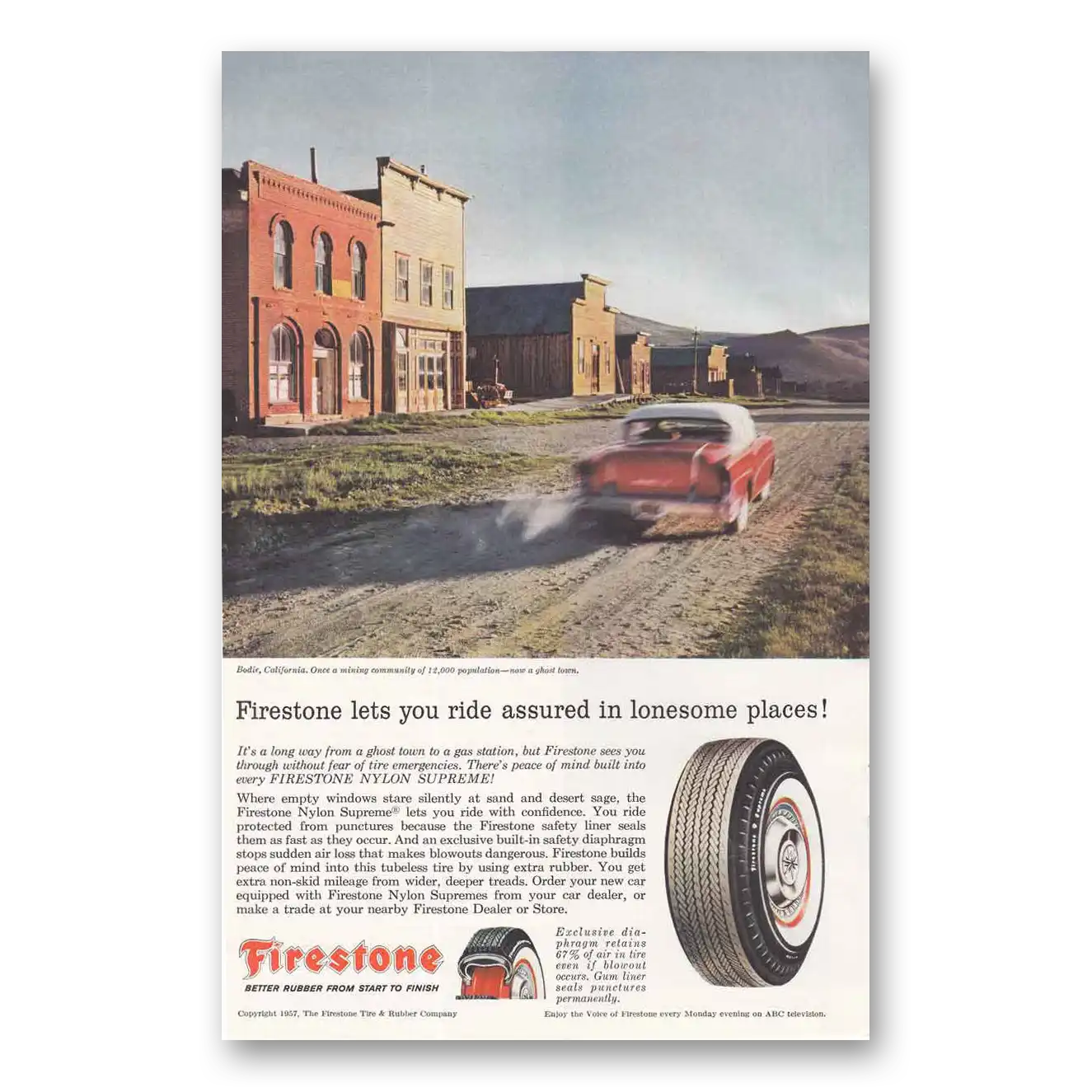 1957 Firestone Tires Bodie California Vintage Magazine Print Ad