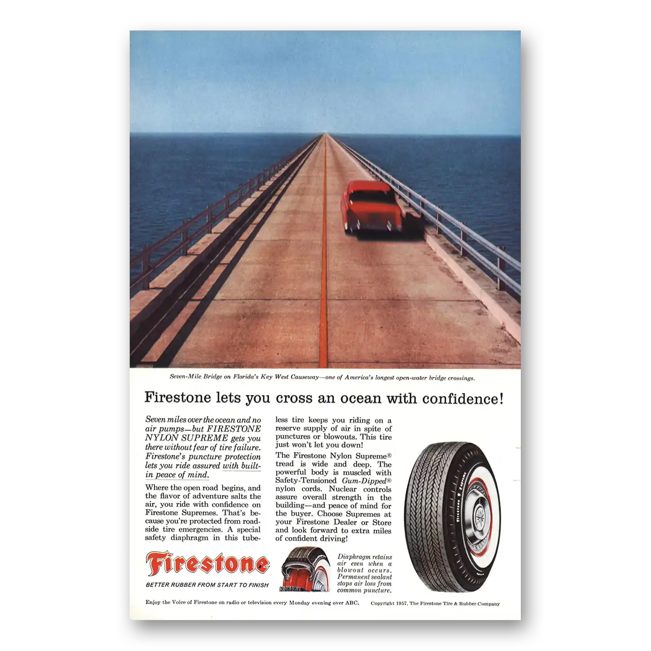 1957 Firestone Tires Seven Mile Bridge on Florida's Key West Vintage Magazine Print Ad