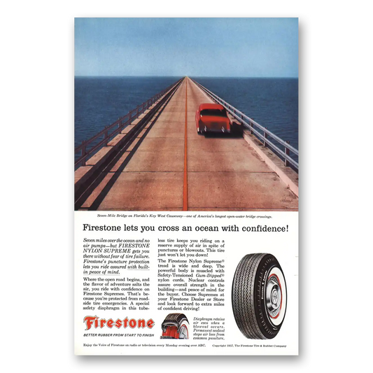 1957 Firestone Tires Seven Mile Bridge on Florida's Key West Vintage Magazine Print Ad