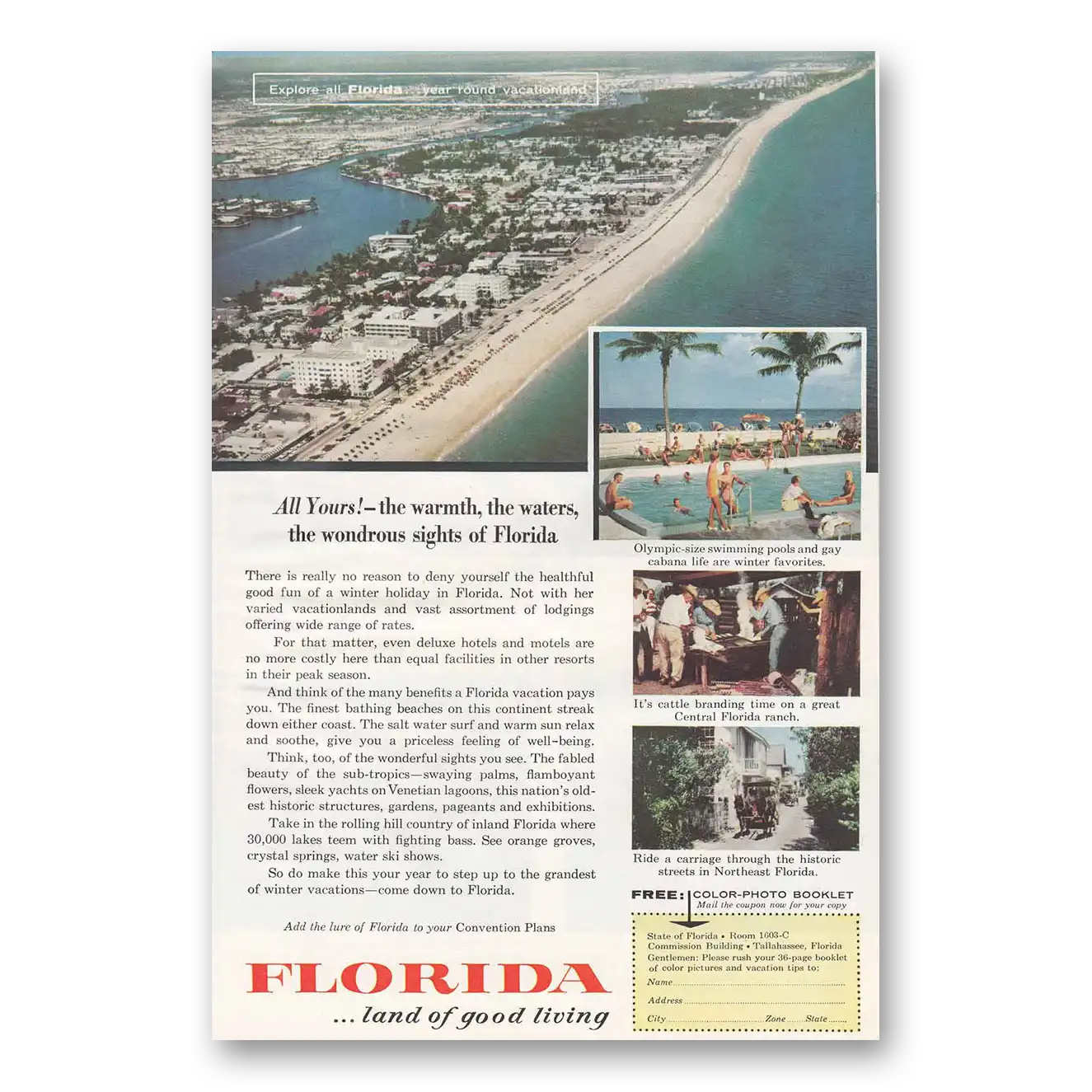 1957 Florida Beach Swimming Pools Cattle Branding Vintage Magazine Print Ad