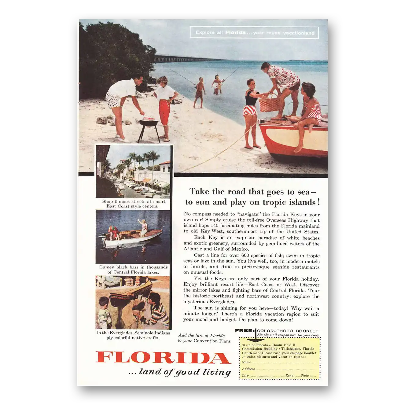 1957 Florida Florida Keys Take the Road that Goes to Sea Vintage Magazine Print Ad