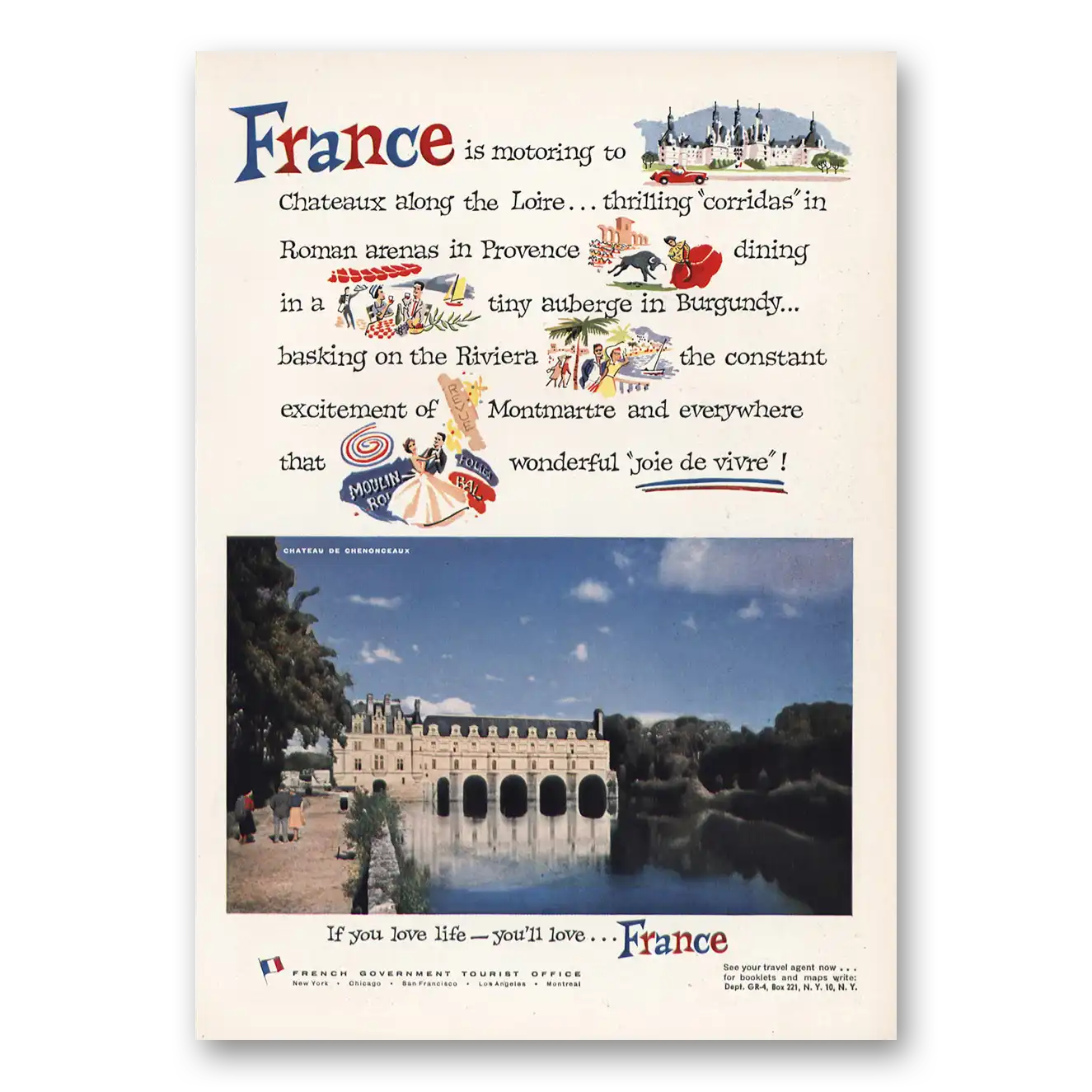 1957 France Motoring To Chateaux Along the Loire Vintage Magazine Print Ad