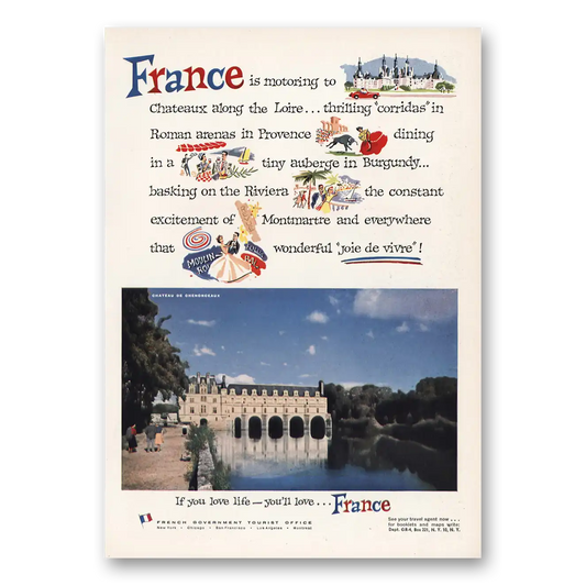 1957 France Motoring To Chateaux Along the Loire Vintage Magazine Print Ad