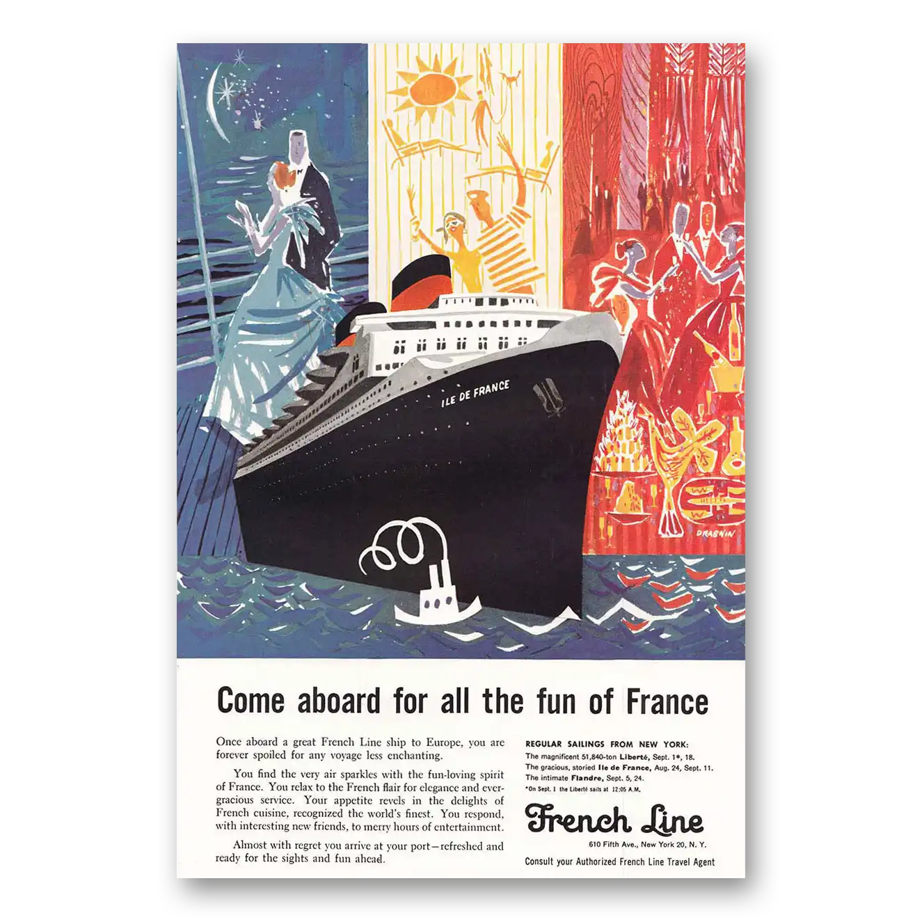 1957 French Line Ile De France Liberte Flandre Vintage Magazine Print Ad