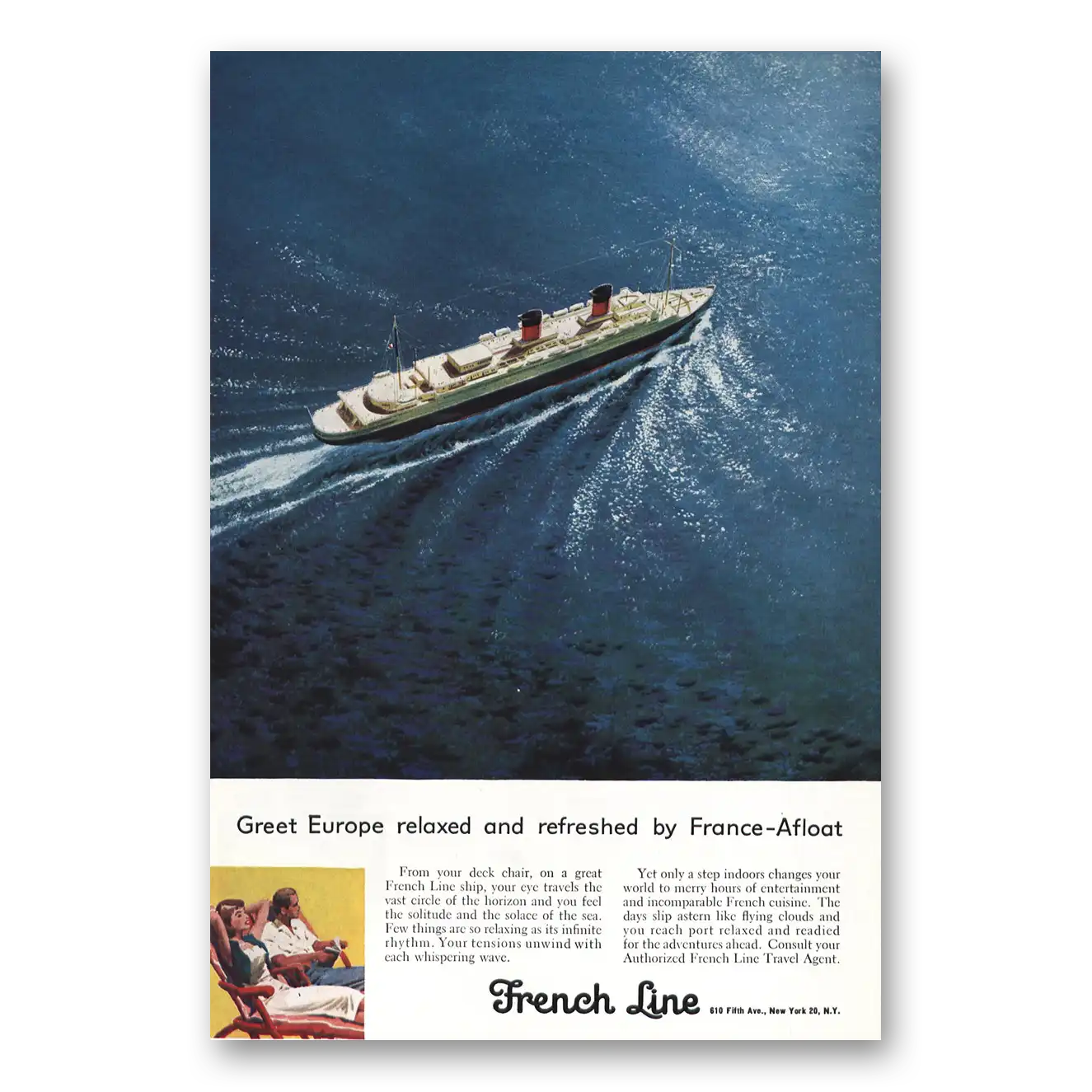 1957 French Line From Your Deck Chair Vintage Magazine Print Ad