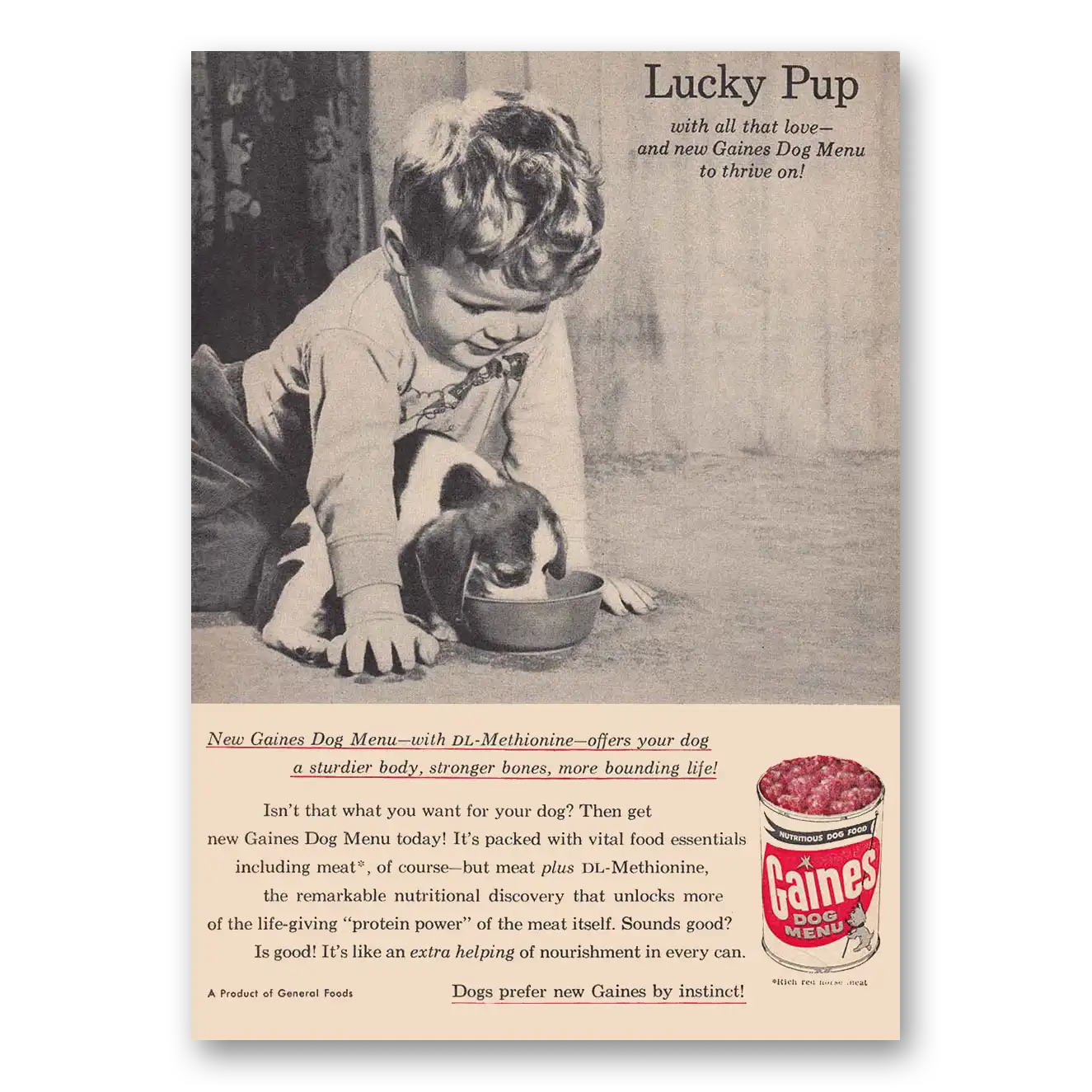 1957 Gaines Dog Food Dog Menu Lucky Pup Vintage Magazine Print Ad