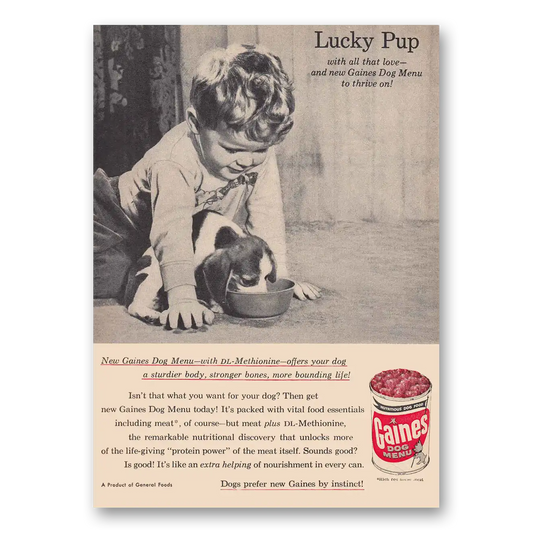 1957 Gaines Dog Food Dog Menu Lucky Pup Vintage Magazine Print Ad